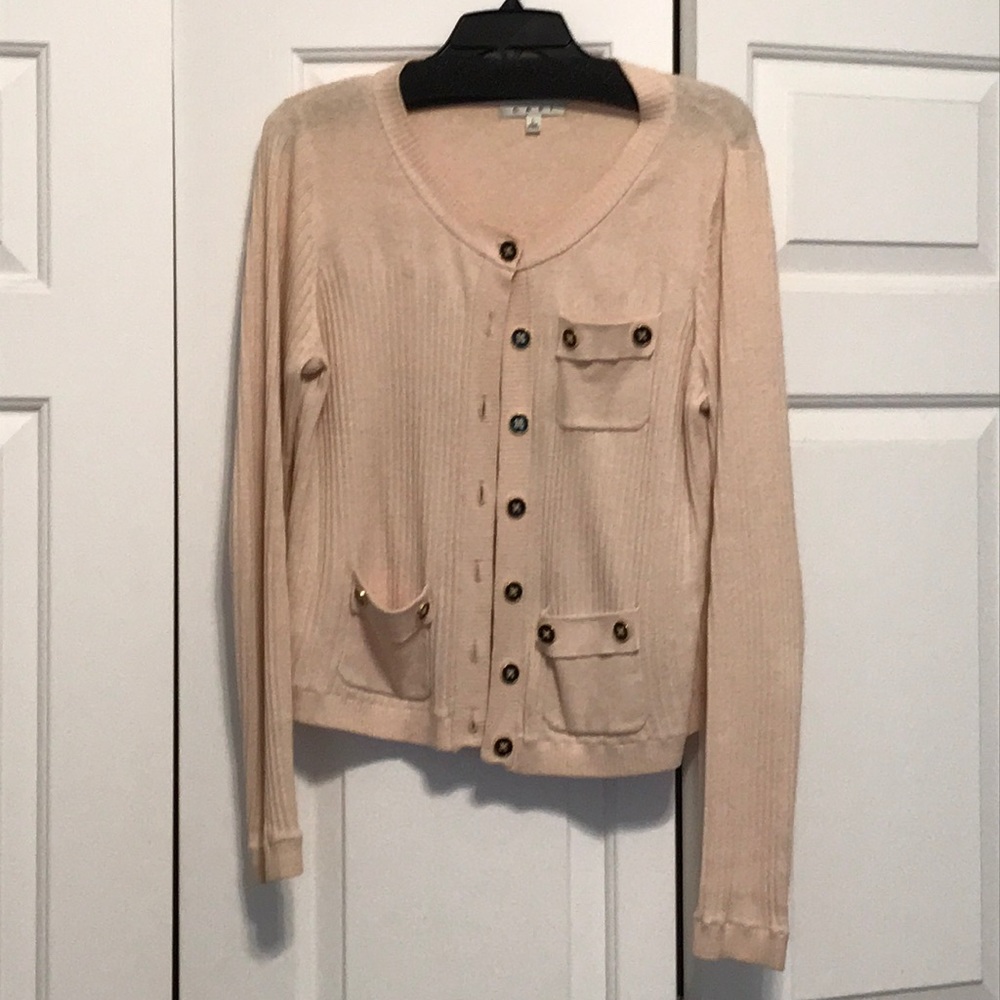 Peachy pink cardigan sweater w gold/black buttons
